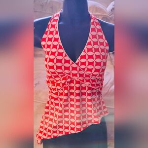 Vol. 1 Vtg Orange White Geometric Patterned Assymetrical Halter Top Sz Small